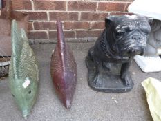 Two Cast Concrete Fish and a Bull Dog