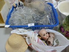 Box Containing Assorted Cut Glass, Porcelain Hooded Dolls, Etc