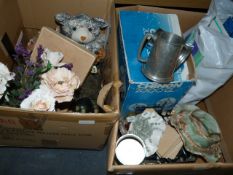 Two Boxes of Assorted Decorative Items Including; Pewter Tankards , Floral Decorations, Etc