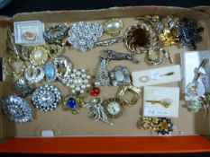 Box of Assorted Costume Jewellery Including; Broaches, Tie Pins, Etc