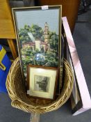 Wicker Basket Containing Assorted Framed Prints