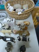 Basket Containing Assorted Decorative Items and a Collection of Pot Horses and Dogs