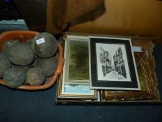 Collection of Framed Prints and a Bowl Containing Wood Bowls