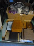 Two Boxes Containing Lidded Wood Trinket Boxes, China and Glassware
