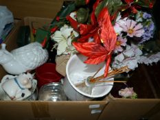 Two Boxes of Decorative Items Including; Flower Pots, Wood Boxes, Artificial Flower, Etc