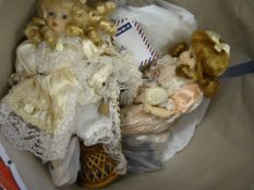Bag Containing Assorted Porcelain Headed Dolls, Cane Chairs, Etc