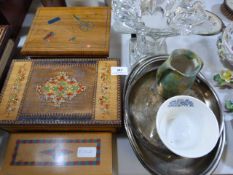Three Wood Boxes, Silver Plated Trays, Vases, Etc