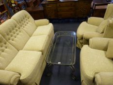 Cream Floral Three Piece Suite Comprising of Three Seat Settee and Two Matching Easy Chairs