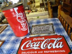 Coca-Cola Memorabilia Including: Enamel Sign, Printed Mirror and a Waste Bin
