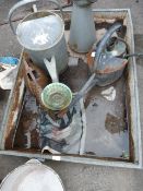 Collection of Watering Cans and a Galvanized Tray