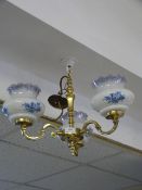 Brass Three Branch Chandelier With Blue and White Glass Shade