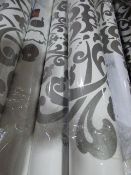 Six Rolls of White with Silver Floral Vinyl Wallpaper