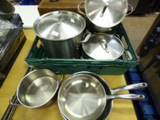 Four Stainless Steel Meya Commercial Cooking pans and Two Stainless Steel Frying Pans