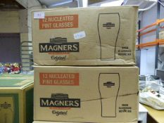 Two Boxes of Twelve Branded Pint Glasses Magners
