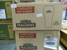 Two Boxes of Twelve Branded Pint Glasses Magners