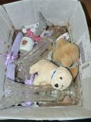Box Containing a Pair of Cut Glass Vases, Soft Toys, Commemorative Cups, Etc