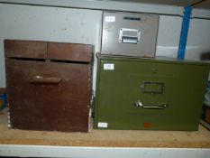 Wooden Storage Box and Two Metal Filing Drawers