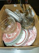 Box Containing Assorted Decorative Plates, Cut Glass Bowl, Photo Frames and a Silver Plated Cruet