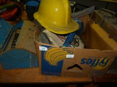 Box Containing Assorted Antiquities Including; Fireman's Helmet, Leather Cases, Embossed Tray, Steel