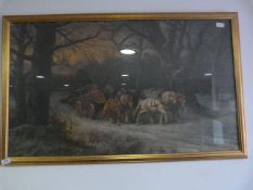 Gilt Framed Glazed Print of Horses Pulling Timber