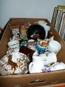 Box of Assorted Decorative Items Including; Pot Horses, Owls, Etc