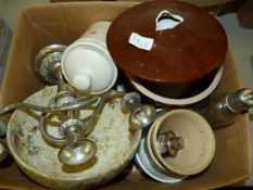 Box COntaining Silver Plated Candelabra, Decorative Items, Etc