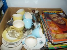 Box Containing Vintage Cups, Saucers and Photography Magazines