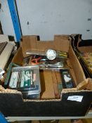Box Containing Four Assorted Items Including; Torch, Moisture Meter, Multi Tool and Wood Screws