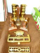 Assorted Brass Candlesticks, Bell, Trivets, Etc