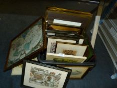 Box of Assorted Framed Prints and Maps, Etc
