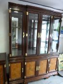 Oriental Style Mirrored Back Wall Unit with Glass Shelves, Illumination and Brass Furniture