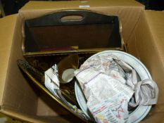 Box Containing Assorted Embossed Brassware, Chinese Style Bowl, Thermometer, Spring Balance, Etc