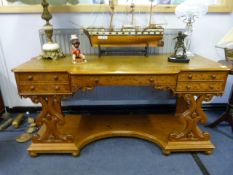Walnut Leather Inset Writing Desk with Carved Lyre Shaped Supports and Five Drawers