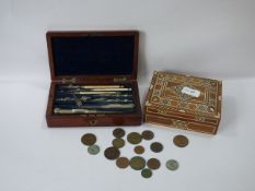 Boxed Set of Drawing Instruments and a Mosaic Box Containing Coins