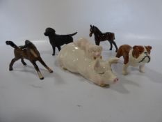 Beswick Pig with Piglets, Boxer Dog, Two Horses and a Black Dog