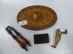 Decorative Painted Cribbage Board, Nutcrackers and a Matchbox Holder, Etc