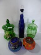 Two Green Glass Biscuit Barrels, Blue Decanter and Two Glass Rose Bowls