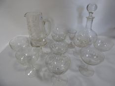 Etched Glass Jug, Decanter and Assorted Drinking Glassware