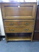 Oak Full Front Writing Desk over Drawers Two Short, One Long and Open Shelf