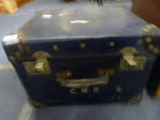 Blue Vintage Suitcase with Leather Handle and Monogramed C.M.R