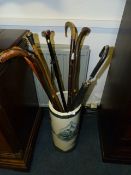 Oriental Umbrella Stand Containing Assorted Horn Handled and Other Walking Sticks, Umbrellas, Etc