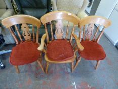 Three Slat Back Kitchen Chairs; Two Side Chairs and One Carver