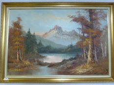 Gilt Framed Oil on Canvas of a Woodland and Mountain Scene