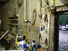 Large Quantity of Hand Tools on the Benches and Fitted to the Wall, Sander, Bench Vice, Radio, Etc