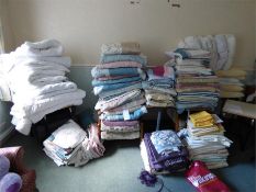 Large Quantity of Bed Linen, Cantilever Tables, High Seat Chairs, Etc