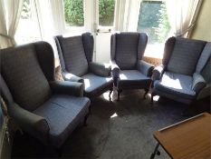 Four Parker Knoll Style Wing Back Chairs in Blue Fabric