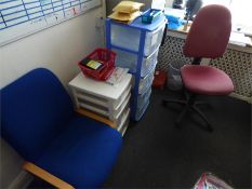 Three Assorted Office Chairs and Plastic Storage Boxes