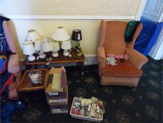 Assorted Table Lamps, Esta Tables and Two High Seat Chairs