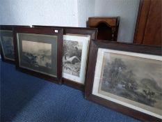 Four Assorted Oak Framed Prints of Highland Cattle and a Winters Scene