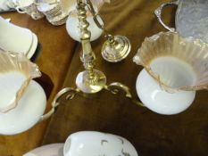 Brass Three Branch Chandelier with Brown and Cream Shades